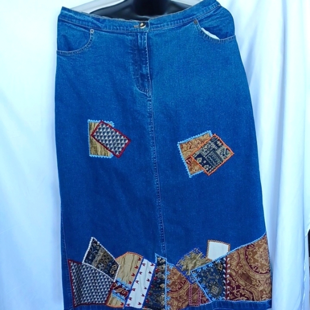 Indigo Moon Vintage Women Applica skirt Elastic Waist SZ L Color Blue